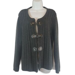 Tahari cardigan gray ribbed faux‎ leather straps sz 2X office wear casual travel
